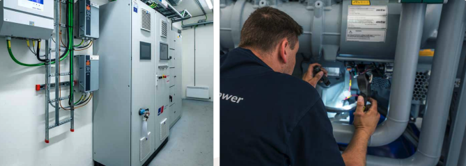 Technician inspecting control panels inside facility. Technician inspecting control panels inside facility.