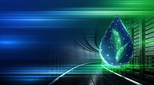 Digital droplet with green energy symbol over server racks.